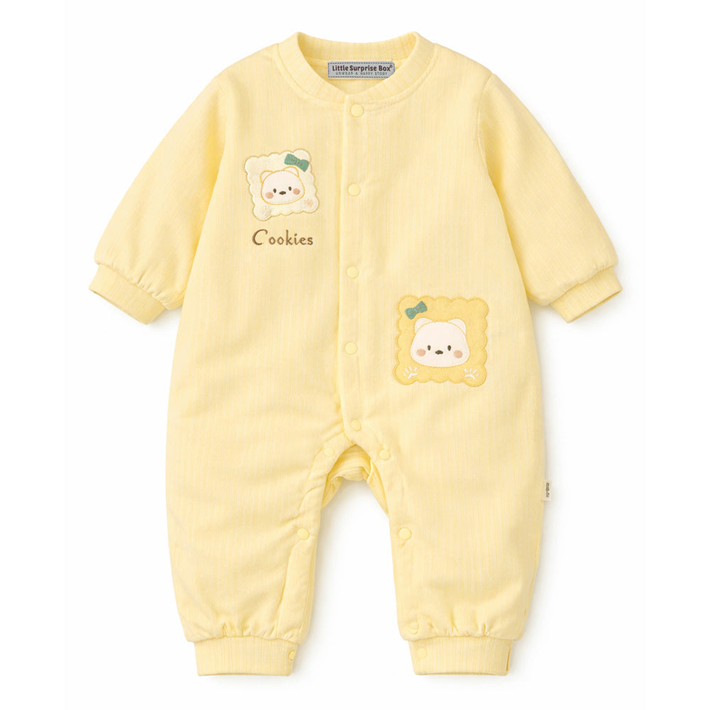 Yellow Cookie Patch Winter Full Sleeves Jumpsuit Romper for Tiny Toddlers