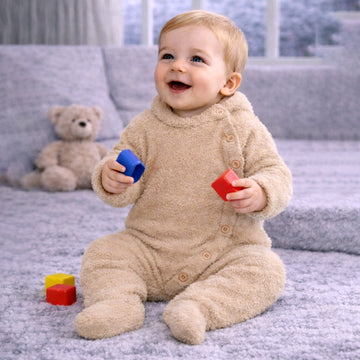 Beige Furry Full Sleeves Jumpsuit Winter Romper for Tiny Toddlers
