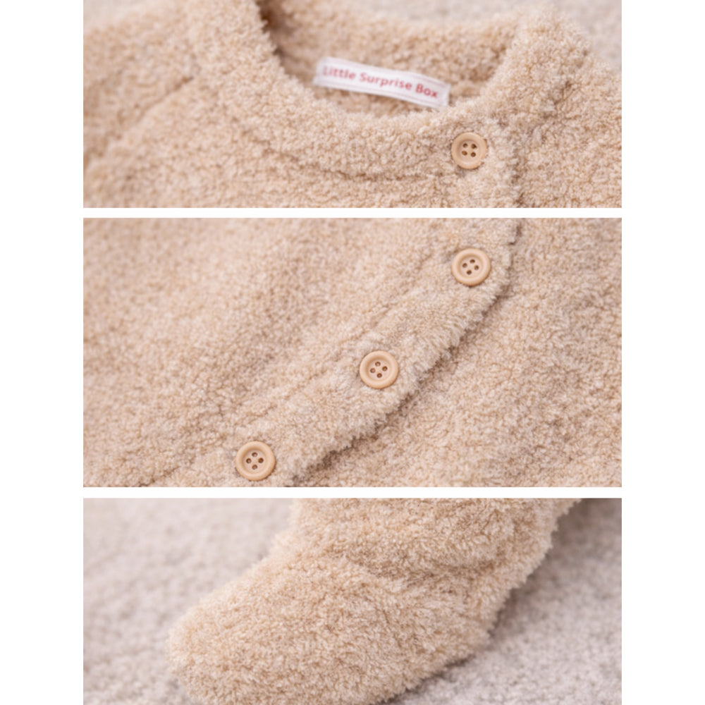 Beige Furry Full Sleeves Jumpsuit Winter Romper for Tiny Toddlers