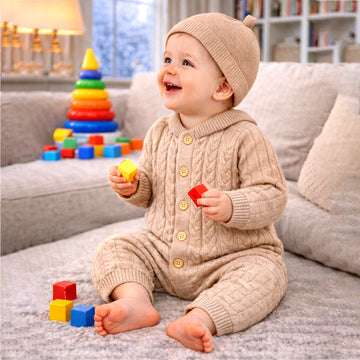 Beige Pattern knitted Full Sleeves Jumpsuit Romper with Cap for Tiny Toddlers