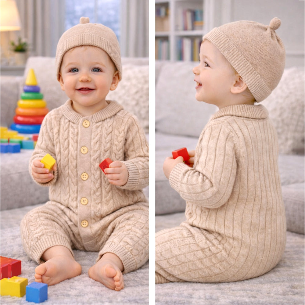 Beige Pattern knitted Full Sleeves Jumpsuit Romper with Cap for Tiny Toddlers