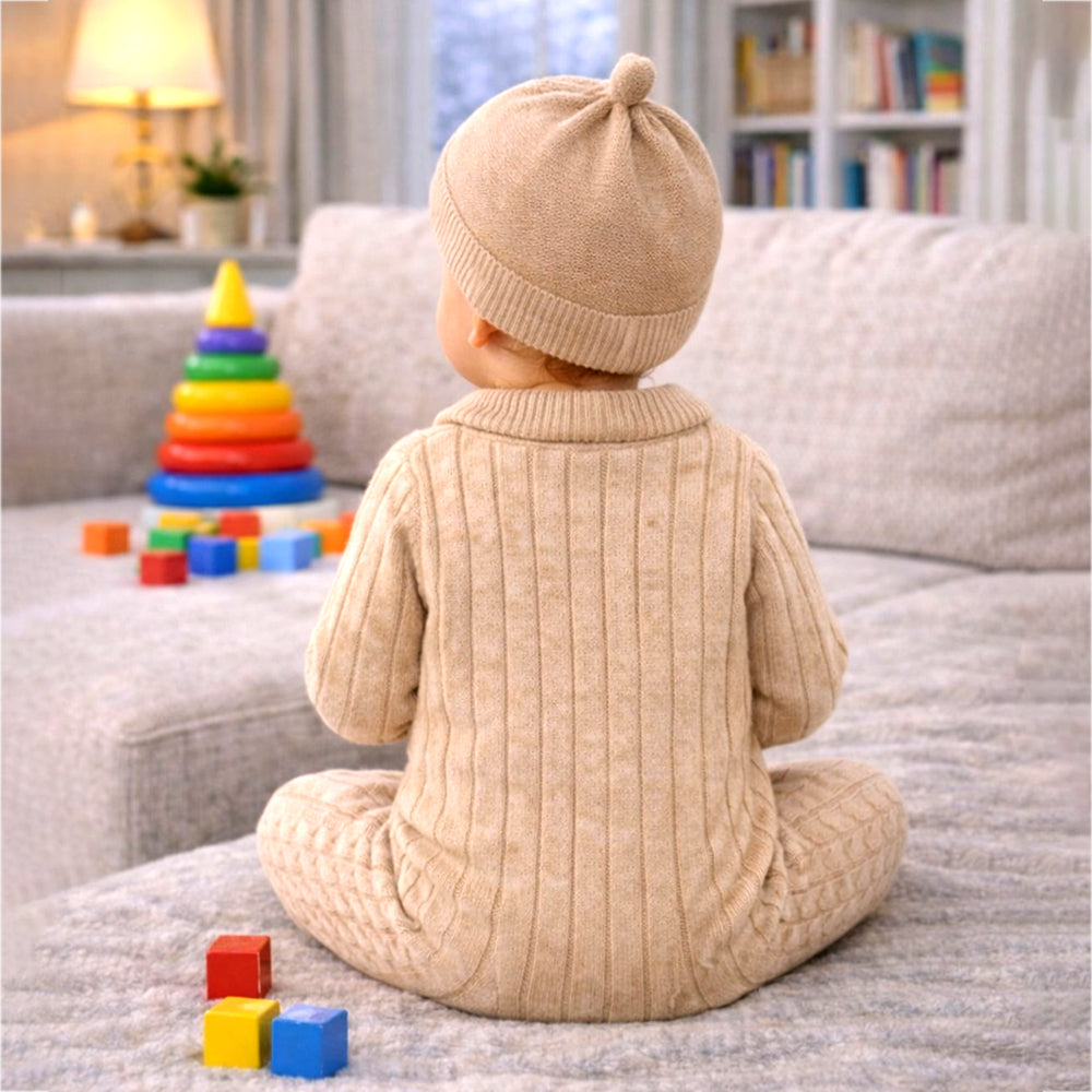 Beige Pattern knitted Full Sleeves Jumpsuit Romper with Cap for Tiny Toddlers