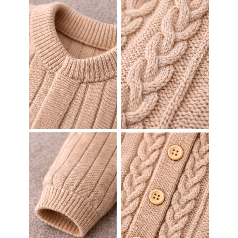 Beige Pattern knitted Full Sleeves Jumpsuit Romper with Cap for Tiny Toddlers