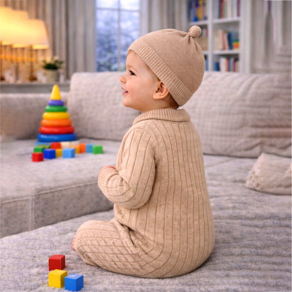 Beige Pattern knitted Full Sleeves Jumpsuit Romper with Cap for Tiny Toddlers