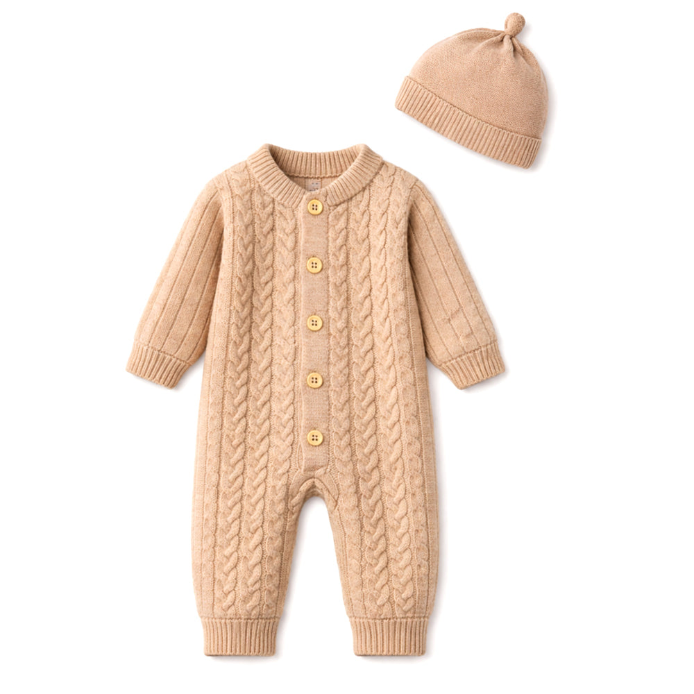 Beige Pattern knitted Full Sleeves Jumpsuit Romper with Cap for Tiny Toddlers