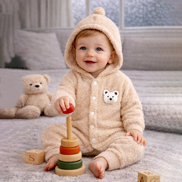 Beige Furry Teddy Full Sleeves Jumpsuit Hoodie Winter Romper for Tiny Toddlers