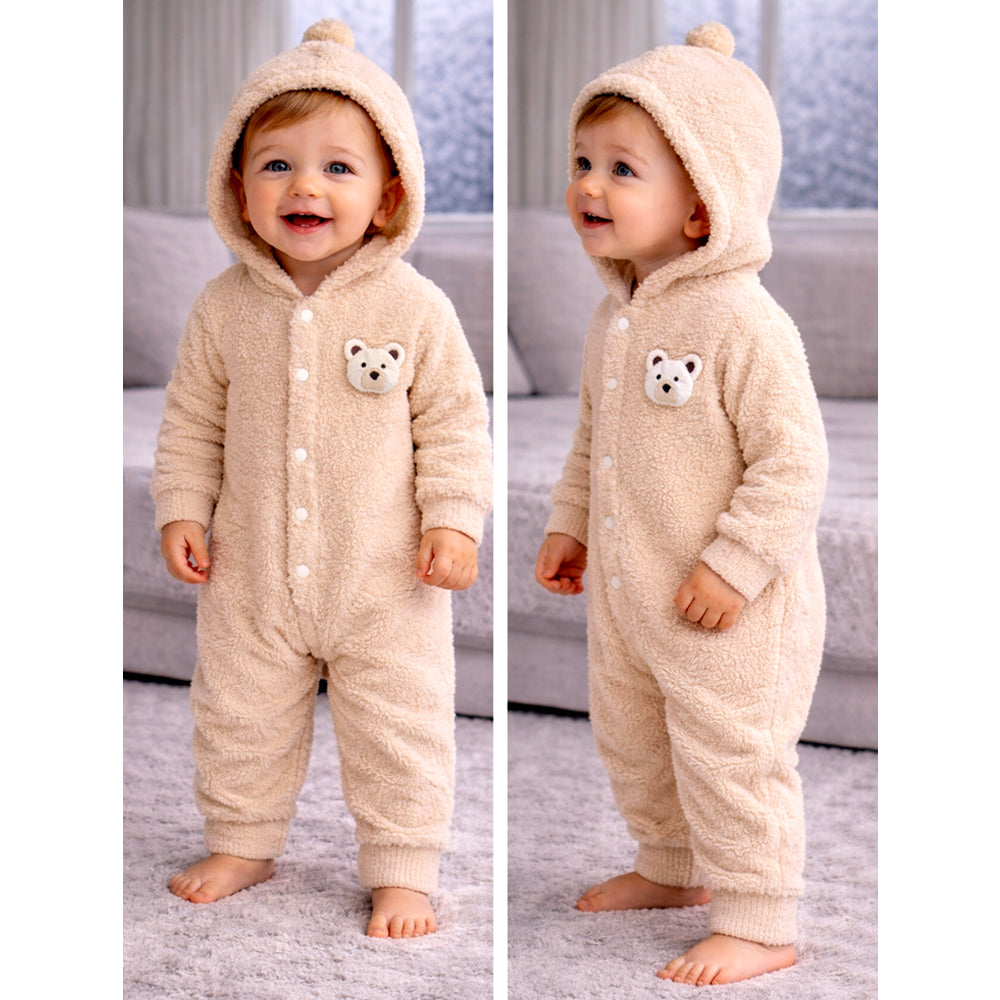 Beige Furry Teddy Full Sleeves Jumpsuit Hoodie Winter Romper for Tiny Toddlers