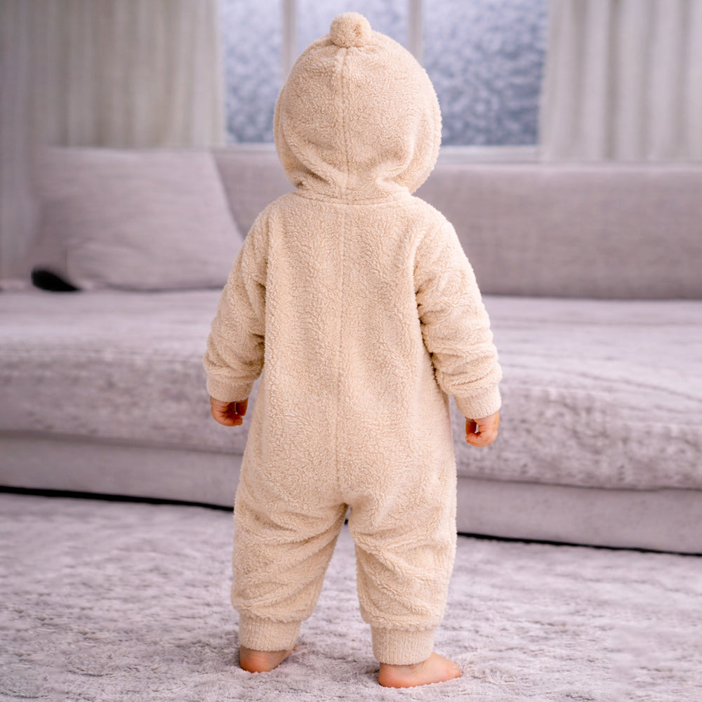 Beige Furry Teddy Full Sleeves Jumpsuit Hoodie Winter Romper for Tiny Toddlers