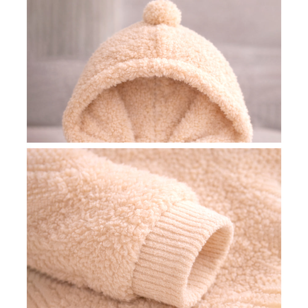 Beige Furry Teddy Full Sleeves Jumpsuit Hoodie Winter Romper for Tiny Toddlers