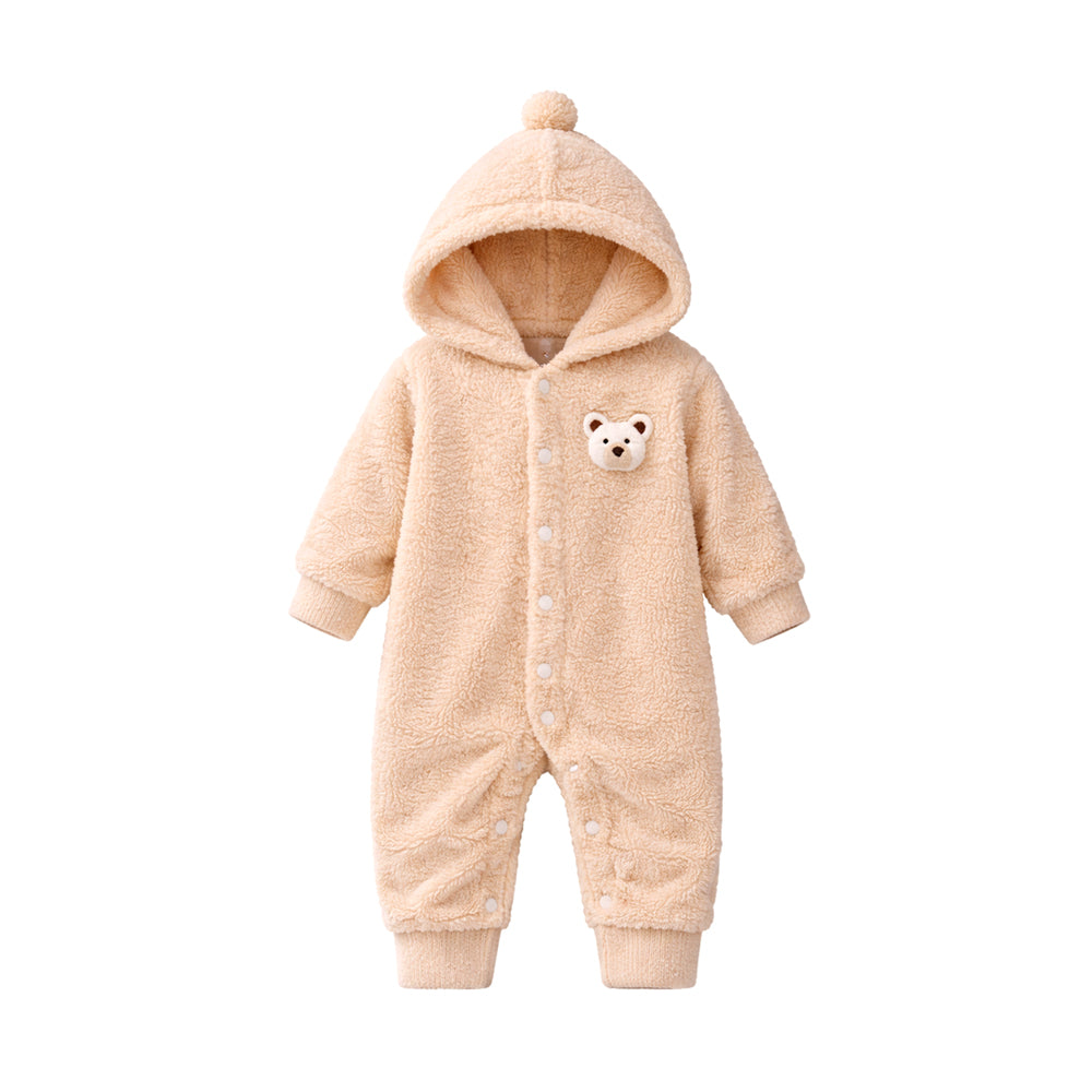 Beige Furry Teddy Full Sleeves Jumpsuit Hoodie Winter Romper for Tiny Toddlers