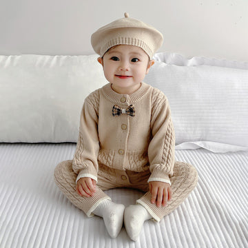 Beige Knitted bow Full Sleeves Jumpsuit Winter Romper with Cap for Tiny Toddlers