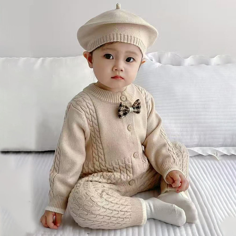 Beige Knitted bow Full Sleeves Jumpsuit Winter Romper with Cap for Tiny Toddlers