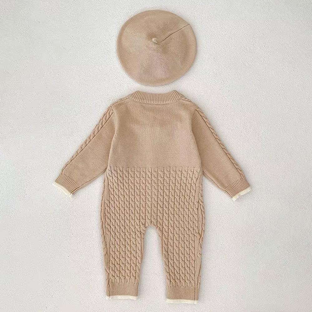 Beige Knitted bow Full Sleeves Jumpsuit Winter Romper with Cap for Tiny Toddlers