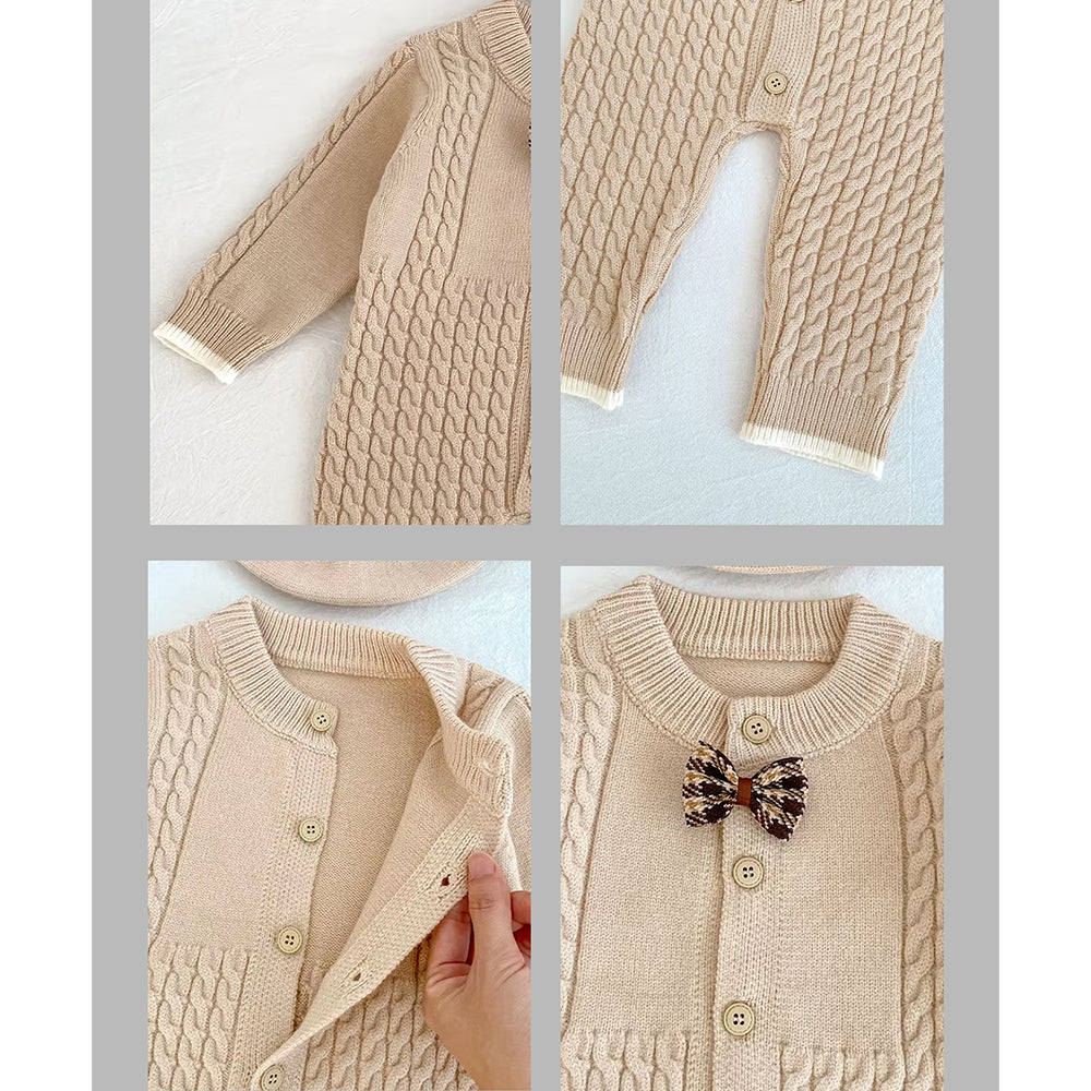 Beige Knitted bow Full Sleeves Jumpsuit Winter Romper with Cap for Tiny Toddlers