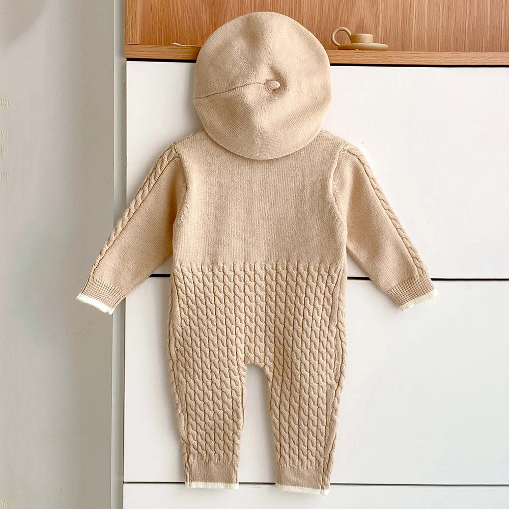 Beige Knitted bow Full Sleeves Jumpsuit Winter Romper with Cap for Tiny Toddlers
