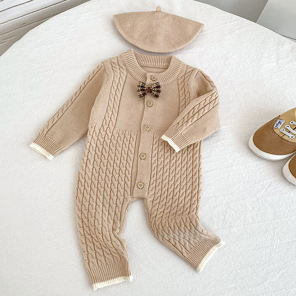 Beige Knitted bow Full Sleeves Jumpsuit Winter Romper with Cap for Tiny Toddlers