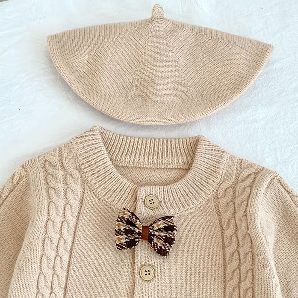 Beige Knitted bow Full Sleeves Jumpsuit Winter Romper with Cap for Tiny Toddlers