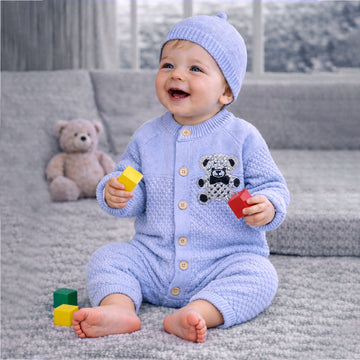 Blue Diamond Teddy Full Sleeves Jumpsuit Winter Romper with Cap for Tiny Toddlers