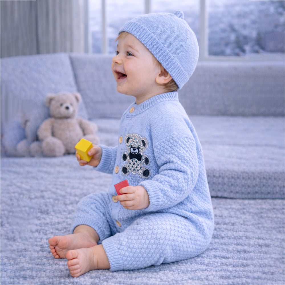 Blue Diamond Teddy Full Sleeves Jumpsuit Winter Romper with Cap for Tiny Toddlers