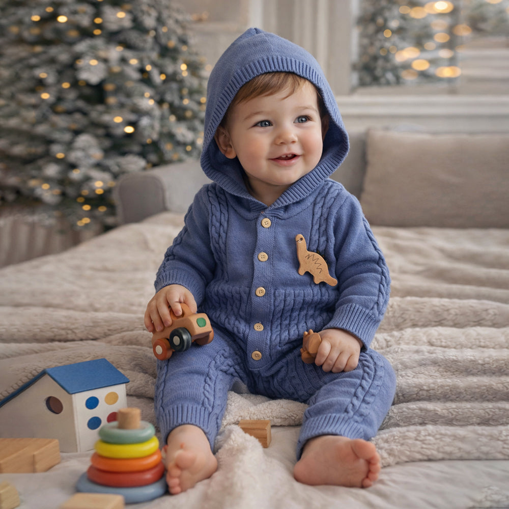 Blue Dino Full Sleeves Jumpsuit Hoodie Winter Romper for Tiny Toddlers