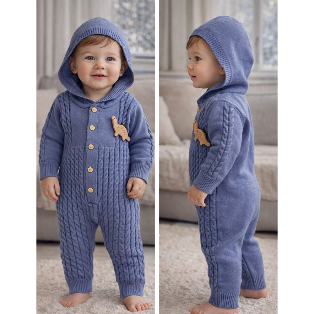 Blue Dino Full Sleeves Jumpsuit Hoodie Winter Romper for Tiny Toddlers