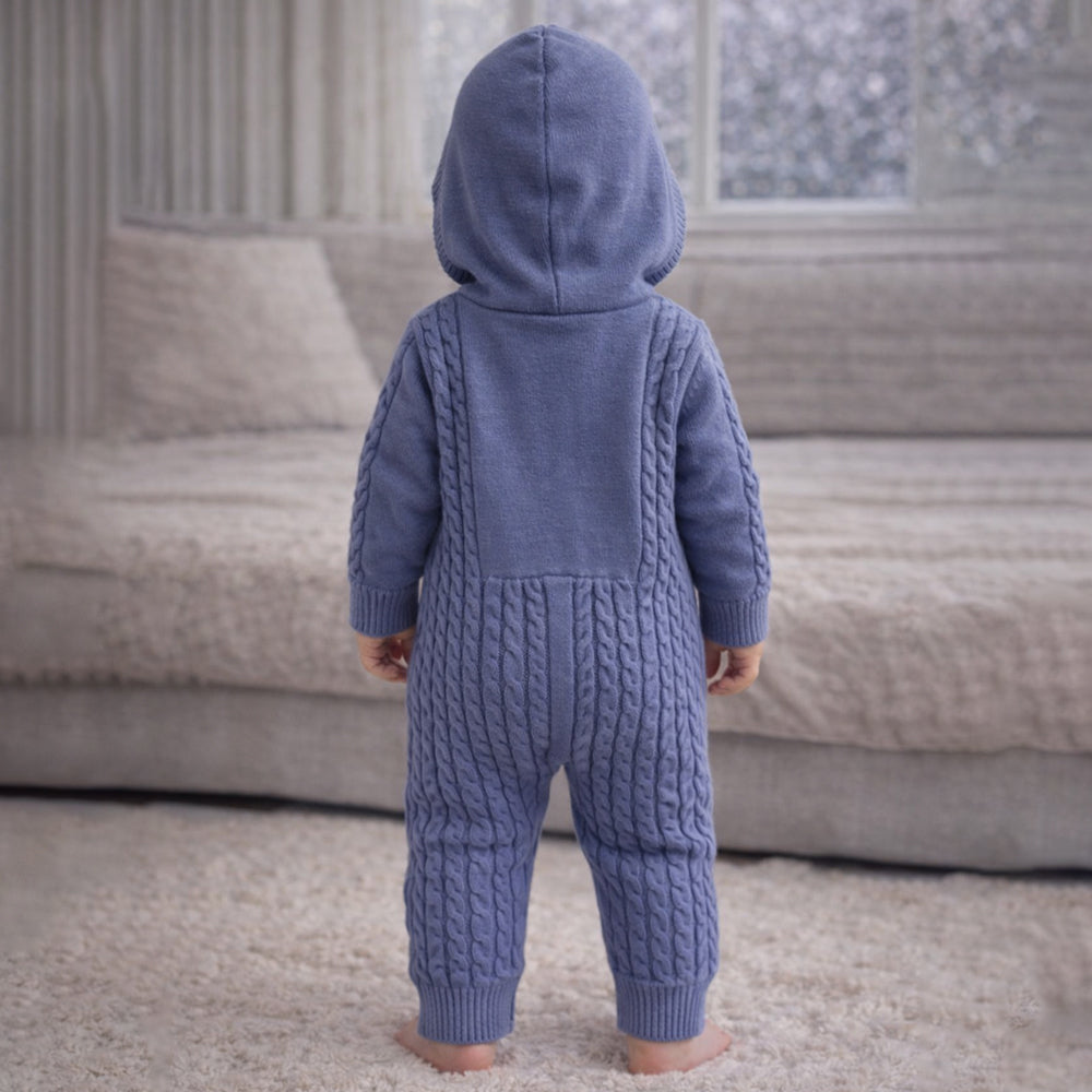Blue Dino Full Sleeves Jumpsuit Hoodie Winter Romper for Tiny Toddlers