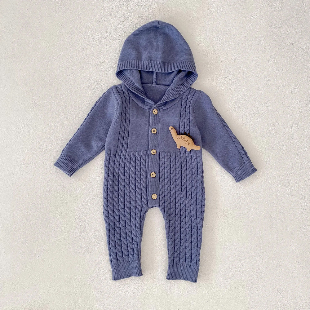 Blue Dino Full Sleeves Jumpsuit Hoodie Winter Romper for Tiny Toddlers