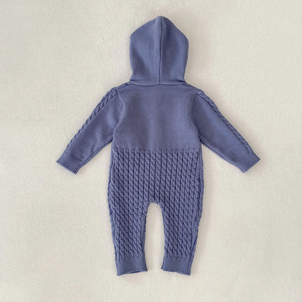 Blue Dino Full Sleeves Jumpsuit Hoodie Winter Romper for Tiny Toddlers
