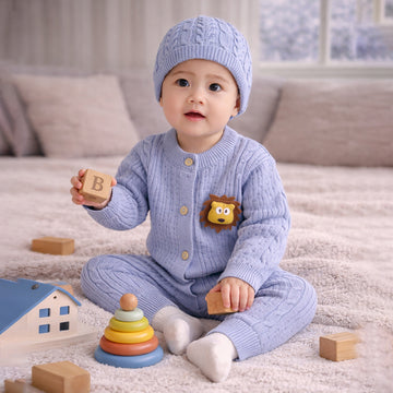 Blue Lion Face Full Sleeves Jumpsuit Romper with Cap for Tiny Toddlers