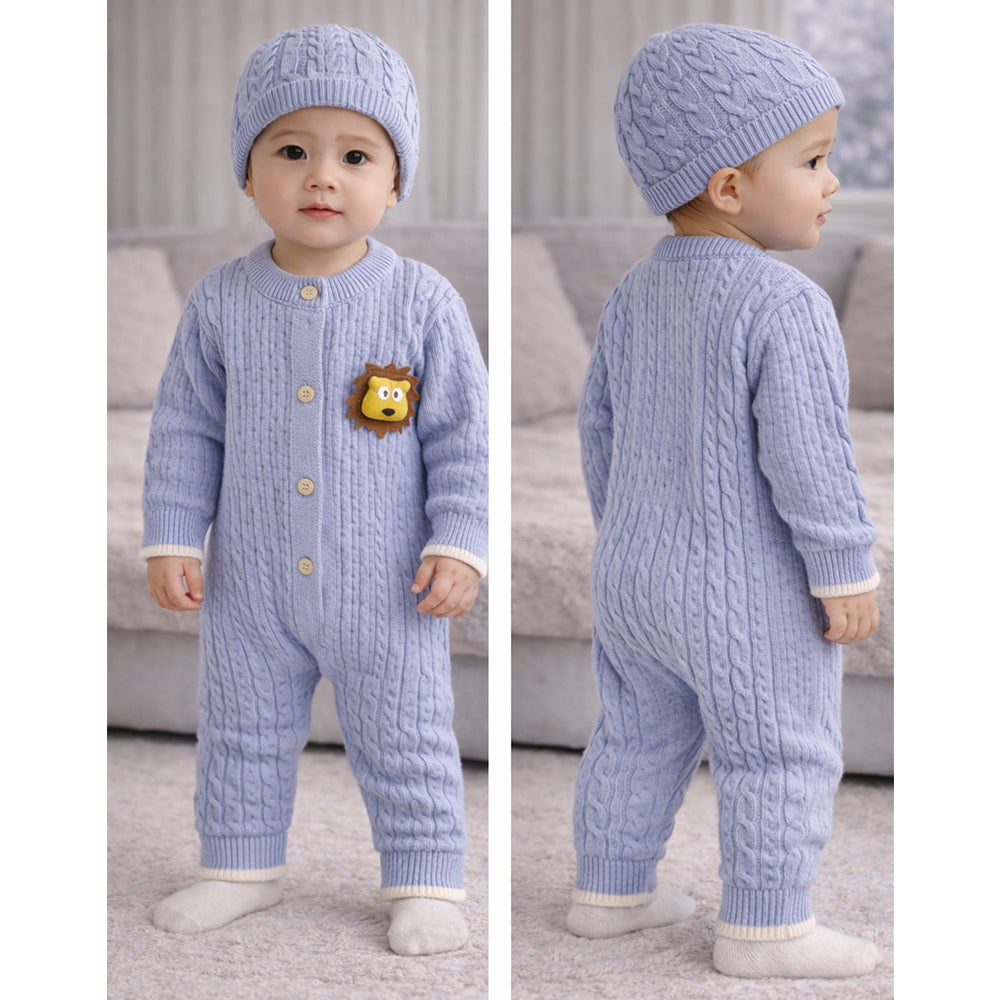 Blue Lion Face Full Sleeves Jumpsuit Romper with Cap for Tiny Toddlers