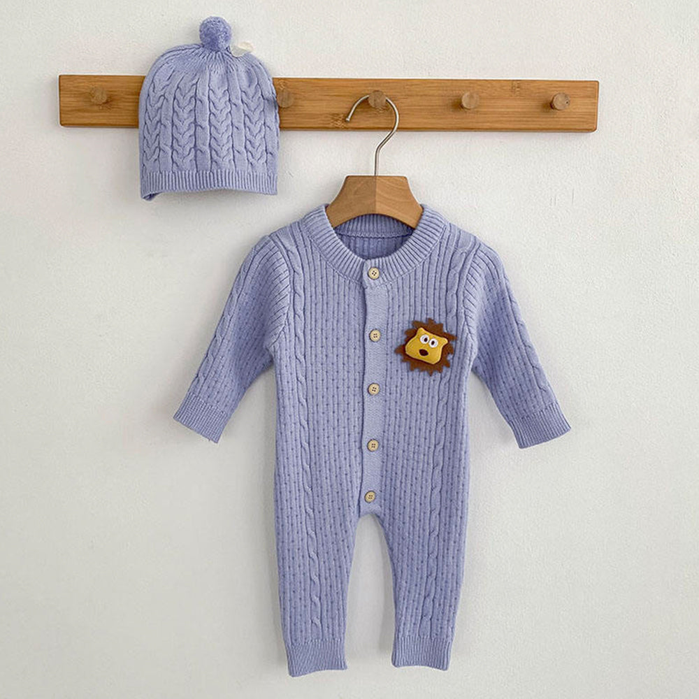 Blue Lion Face Full Sleeves Jumpsuit Romper with Cap for Tiny Toddlers
