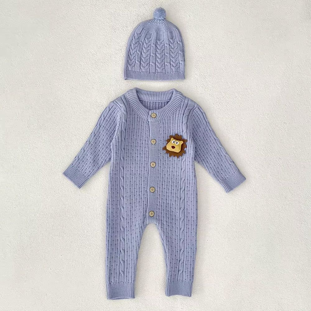 Blue Lion Face Full Sleeves Jumpsuit Romper with Cap for Tiny Toddlers