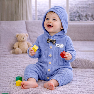 Blue Bow Patterned knit Full Sleeves Jumpsuit Hoodie Romper for Tiny Toddlers