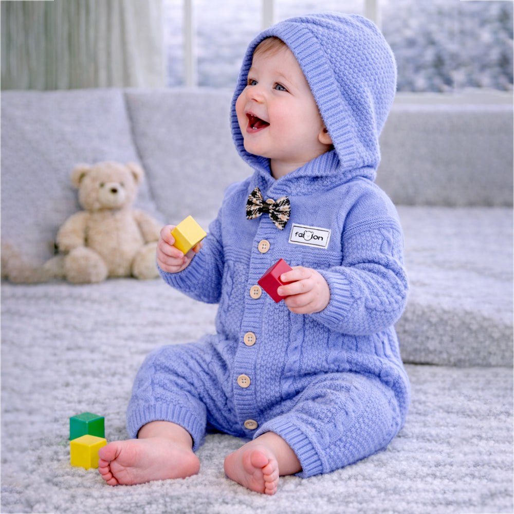 Blue Bow Patterned knit Full Sleeves Jumpsuit Hoodie Romper for Tiny Toddlers