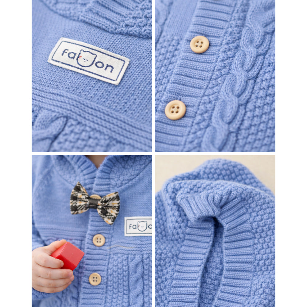Blue Bow Patterned knit Full Sleeves Jumpsuit Hoodie Romper for Tiny Toddlers