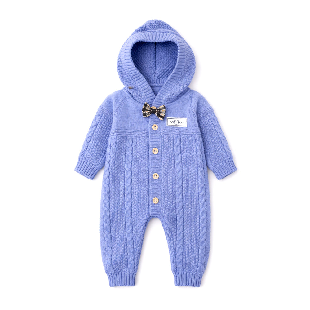 Blue Bow Patterned knit Full Sleeves Jumpsuit Hoodie Romper for Tiny Toddlers