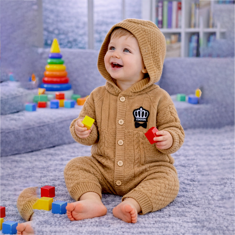 Brown Crown Full Sleeves Jumpsuit Hoodie Romper for Tiny Toddlers