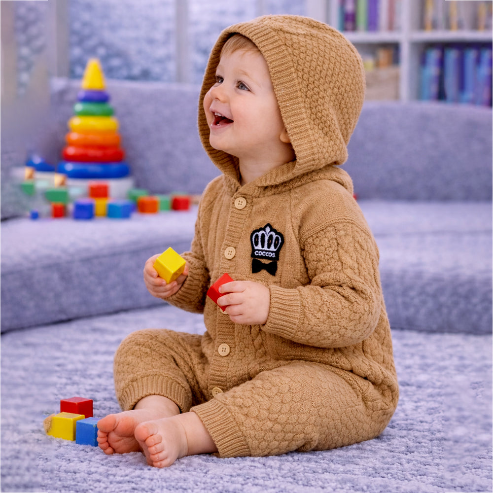 Brown Crown Full Sleeves Jumpsuit Hoodie Romper for Tiny Toddlers