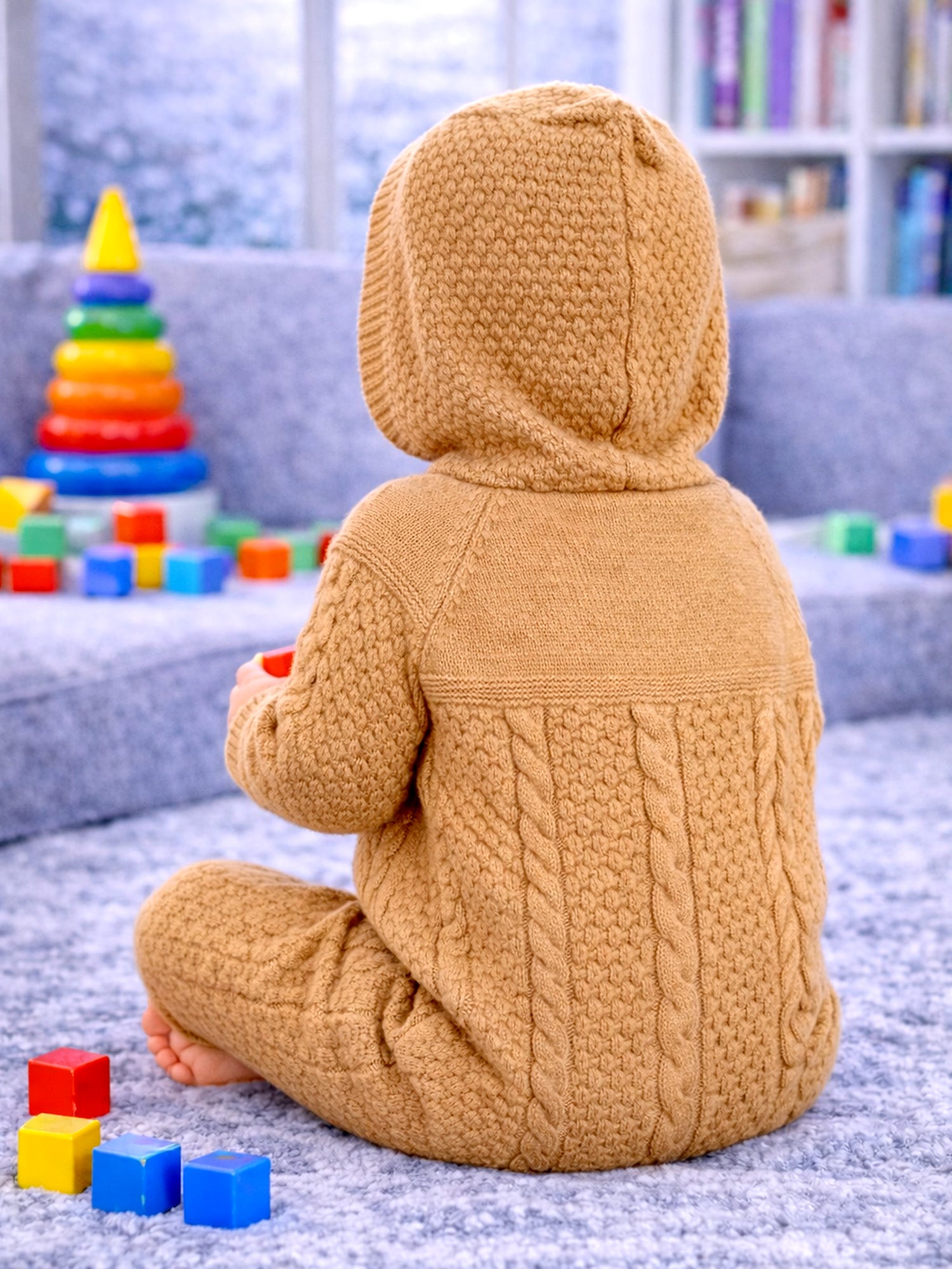 Brown Crown Full Sleeves Jumpsuit Hoodie Romper for Tiny Toddlers