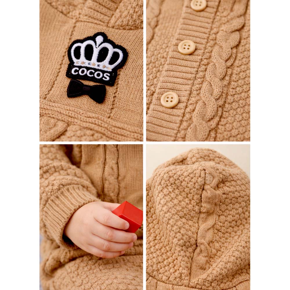 Brown Crown Full Sleeves Jumpsuit Hoodie Romper for Tiny Toddlers