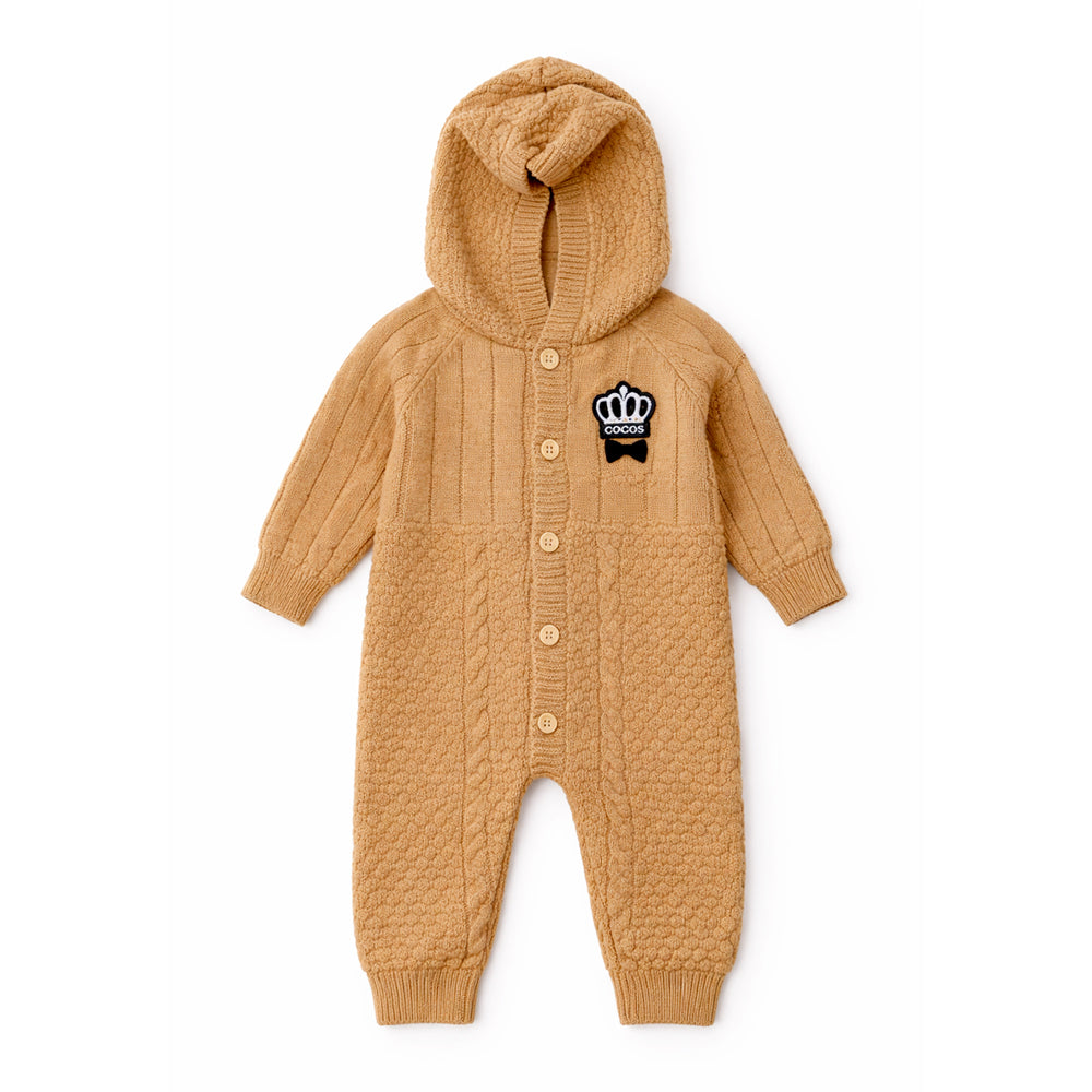 Brown Crown Full Sleeves Jumpsuit Hoodie Romper for Tiny Toddlers