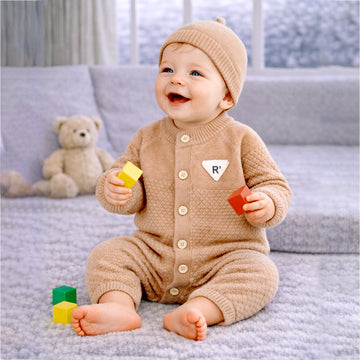 Brown Knitted Full Sleeves Jumpsuit Romper with Cap for Tiny Toddlers