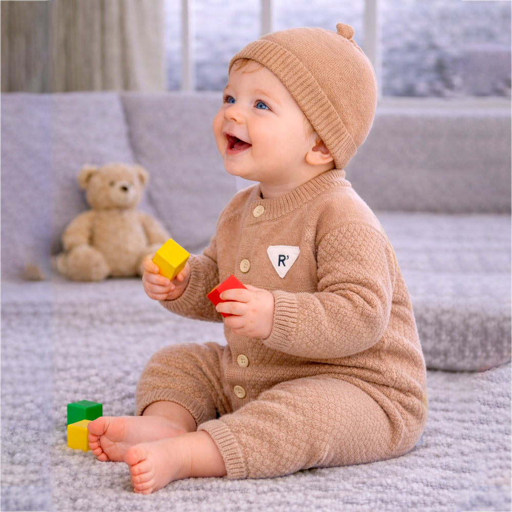Brown Knitted Full Sleeves Jumpsuit Romper with Cap for Tiny Toddlers