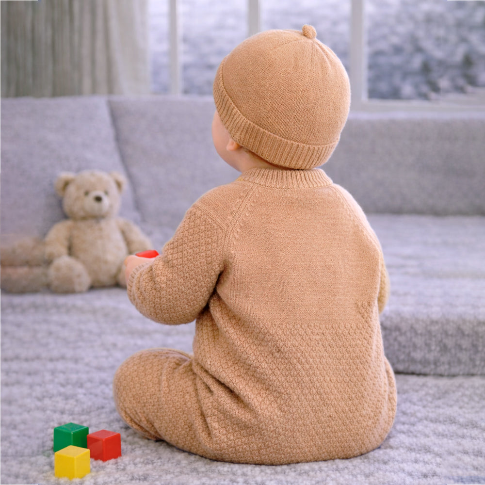 Brown Knitted Full Sleeves Jumpsuit Romper with Cap for Tiny Toddlers