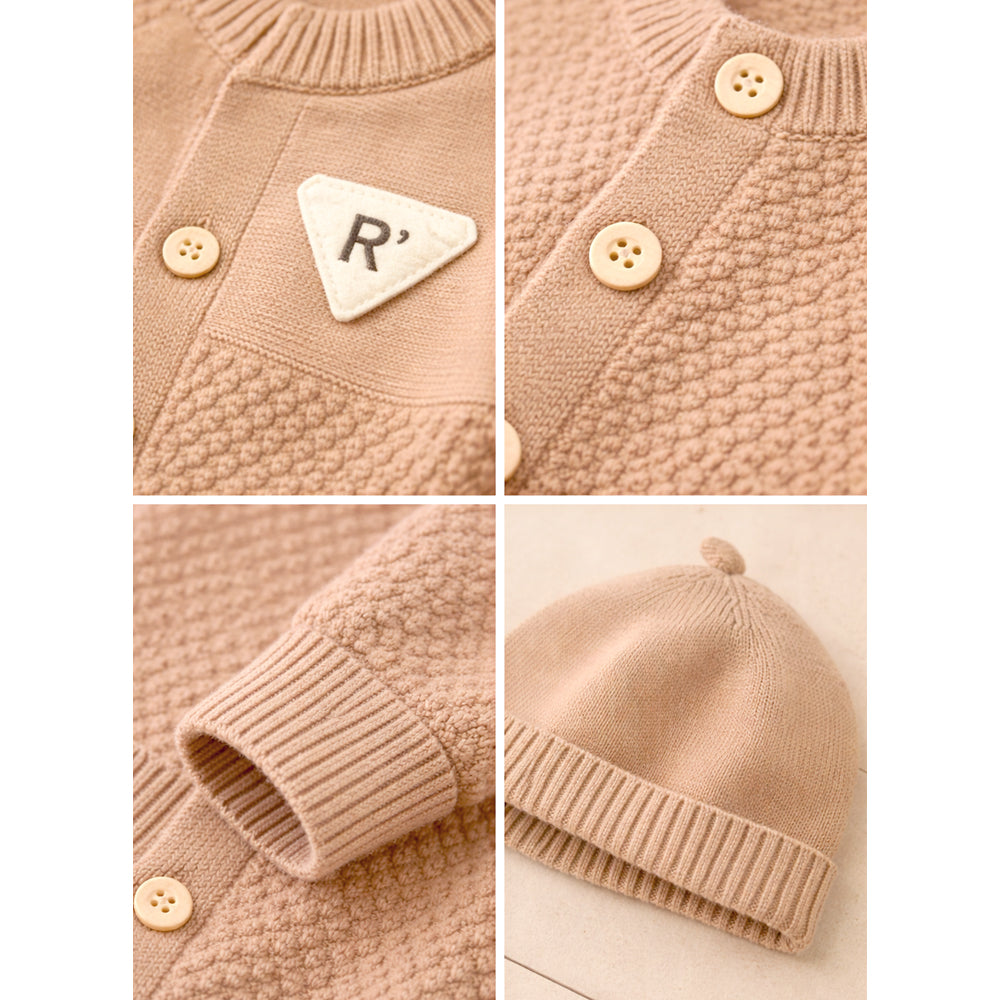 Brown Knitted Full Sleeves Jumpsuit Romper with Cap for Tiny Toddlers