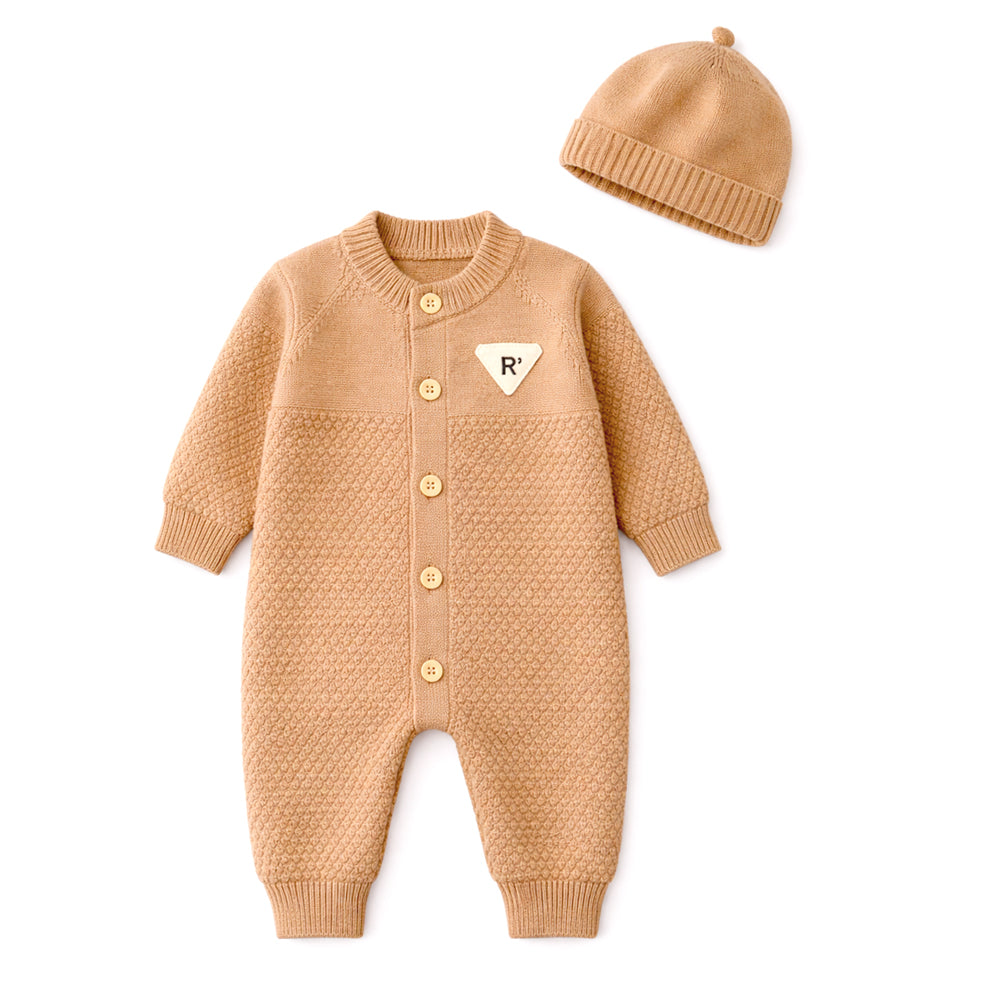 Brown Knitted Full Sleeves Jumpsuit Romper with Cap for Tiny Toddlers