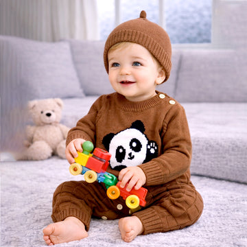 Brown Panda Full Sleeves Jumpsuit Winter Romper with Cap for Tiny Toddlers