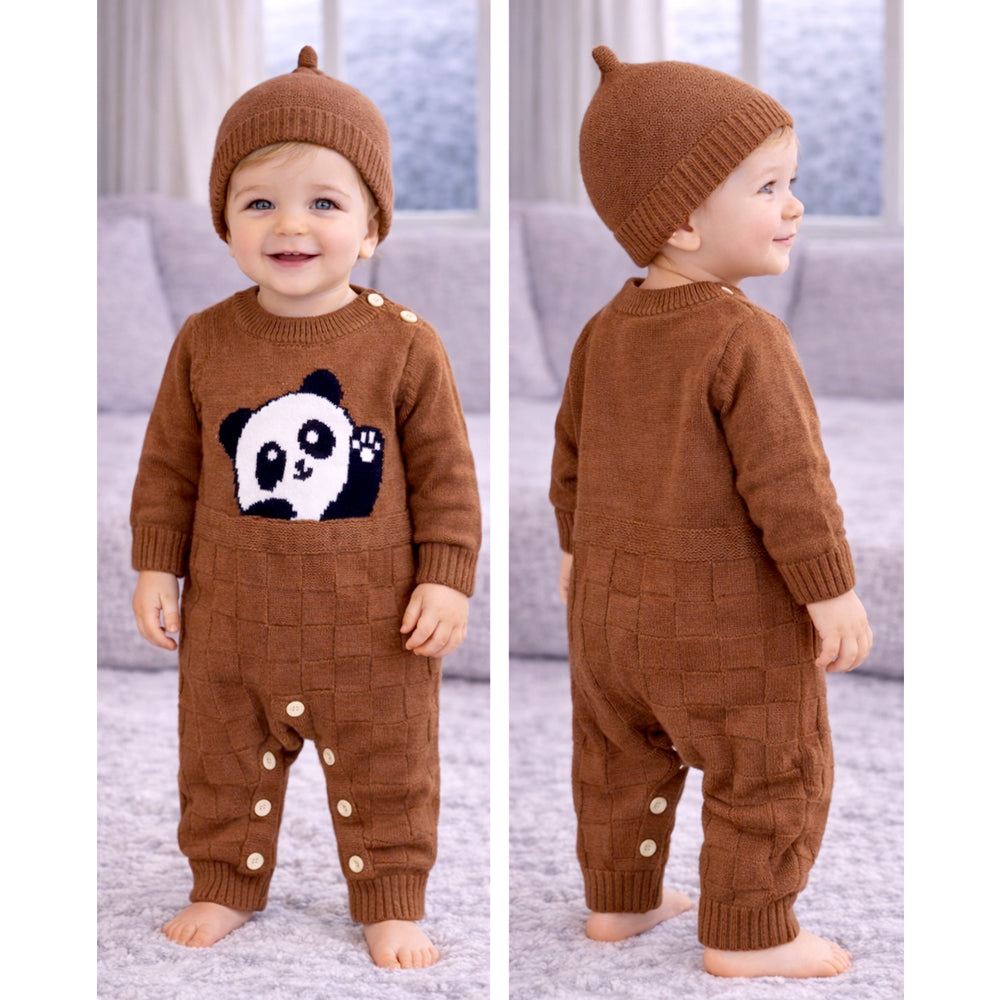 Brown Panda Full Sleeves Jumpsuit Winter Romper with Cap for Tiny Toddlers