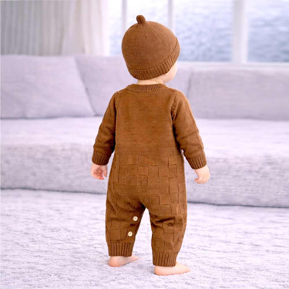 Brown Panda Full Sleeves Jumpsuit Winter Romper with Cap for Tiny Toddlers
