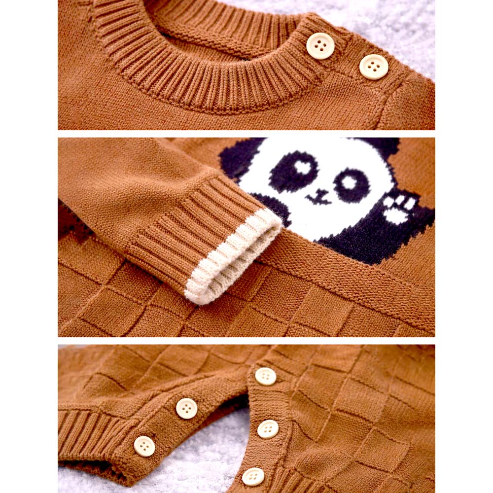 Brown Panda Full Sleeves Jumpsuit Winter Romper with Cap for Tiny Toddlers